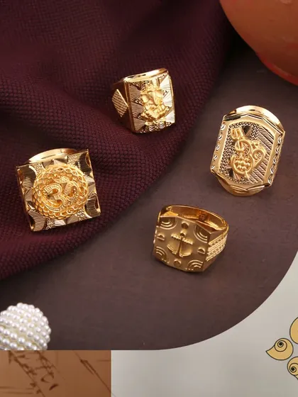 A showcase of our men's gold rings with spiritual and symbolic motifs, including Ganesha and Om. These pieces are not just accessories but symbols of faith and identity.