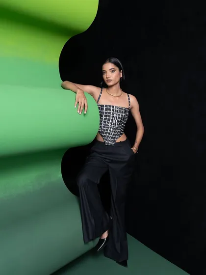 A similar shot to 61, this image from the Advait campaign emphasizes the clean lines of the outfit and the striking color contrast of the set design I directed.