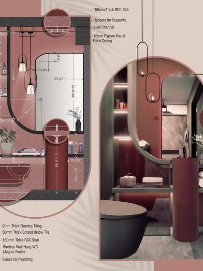 A design board for a bathroom in our 'Red Realm' series. We believe in being bold and expressive, using a rich color palette and modern fixtures to challenge conventional design norms.