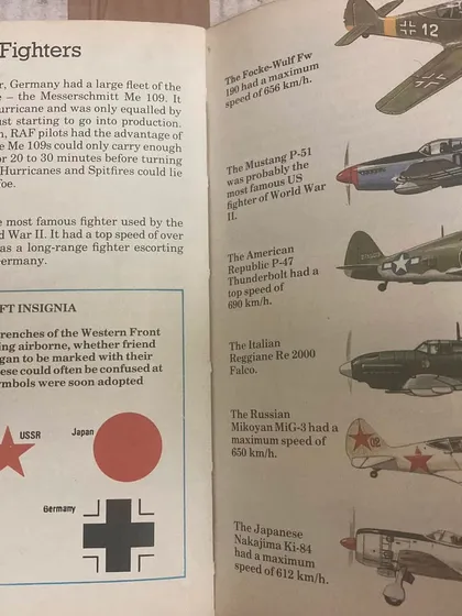 A look inside the aircraft book, showing different World War II fighters. These books are still a wonderful and handy source of information.