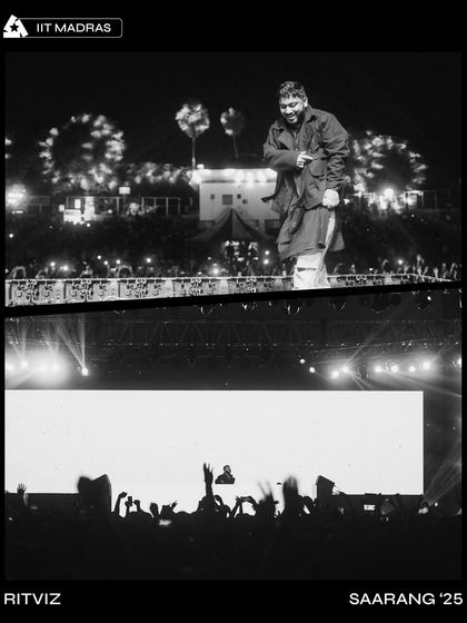 A film-strip style graphic of Ritviz's performance at Saarang '25, IIT Madras, with fireworks in the background.
