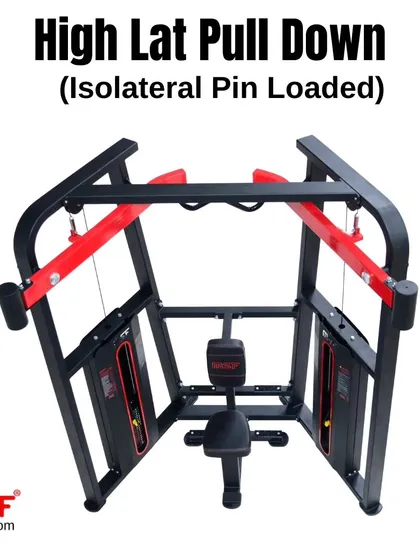 A front view of the High Lat Pulldown machine without a user.