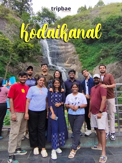 Our group posing in front of a waterfall in Kodaikanal. The region has several beautiful cascades that we visit.