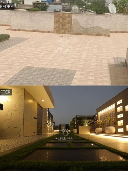 From a plain tiled surface to a sophisticated garden path. We created a walkway with illuminated niches along the wall, leading the eye through the space and adding a layer of ambient light.