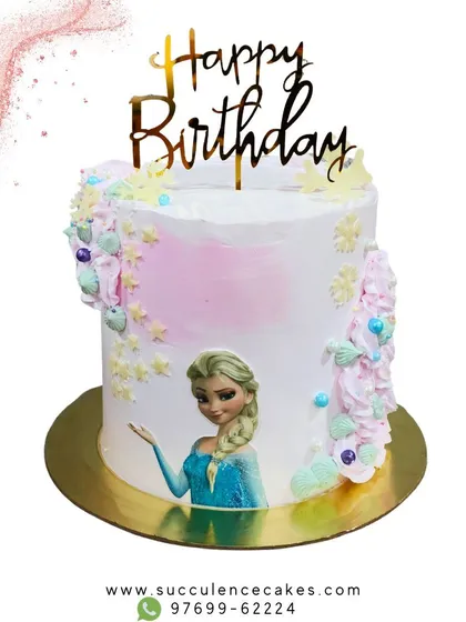 Let it go with a magical Frozen-themed cake. This design features an elegant portrait of Elsa against a backdrop of pastel-colored cream and delicate snowflakes, perfect for any little princess's party.