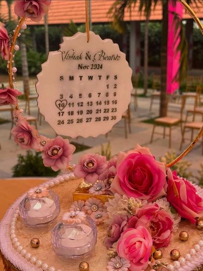 Another view of the personalized engagement ring platter, decorated with pink roses.