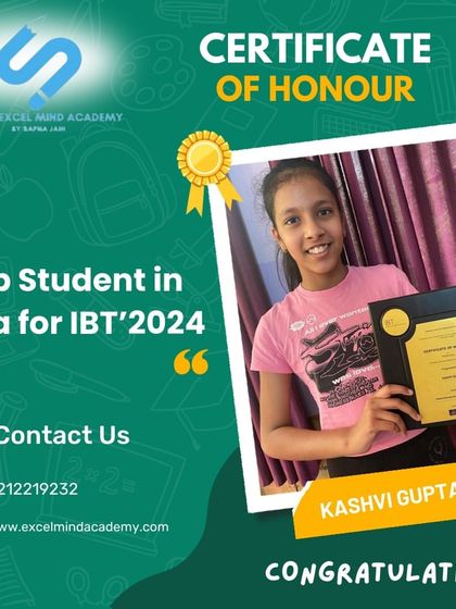 We are honored to present this Certificate of Honour to Kashvi Gupta, recognized as the Top Student in India for IBT 2024. Her dedication and academic excellence are truly commendable.