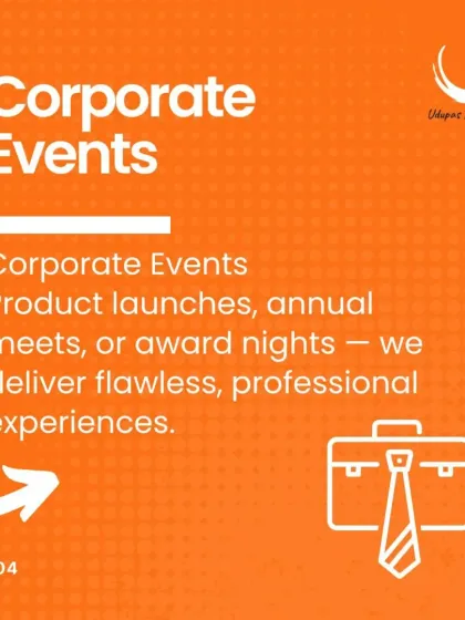 A promotional graphic highlighting our corporate event services. We deliver flawless and professional experiences for product launches, annual meets, and award nights.