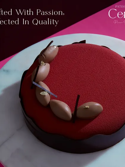 Crafted with passion, perfected in quality. This Choco Framboise entremet is made fresh to order with the finest ingredients.