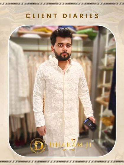 A client looking happy and comfortable in a beautifully embroidered off-white sherwani. The perfect fit makes all the difference.