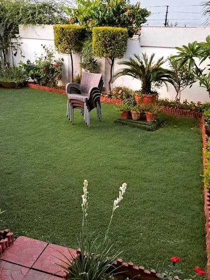 A residential garden in a compact space, featuring a well-maintained lawn, potted plants, and climbing vines. This shows how even smaller yards can be transformed into green retreats.