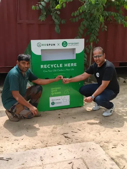 Our team members inaugurate a new textile recycling bin. This initiative not only helps the environment but also supports the upskilling and employment of rural women in Haryana.