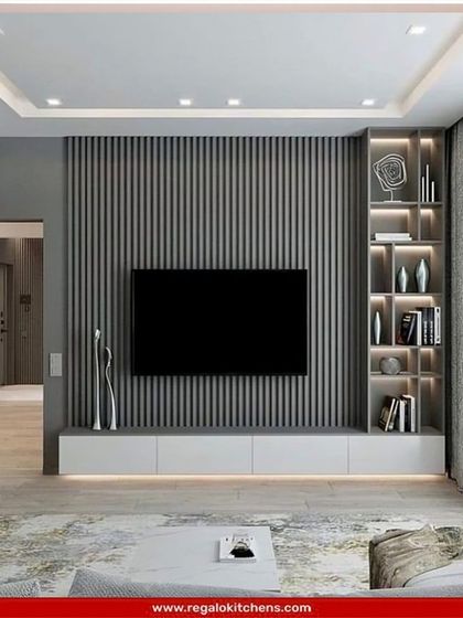 A balanced and modern design featuring a grey fluted back panel and a white floating console. The illuminated open shelving on the side is perfect for displaying decor.