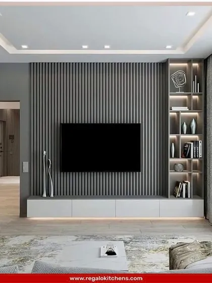 A balanced and modern design featuring a grey fluted back panel and a white floating console. The illuminated open shelving on the side is perfect for displaying decor.