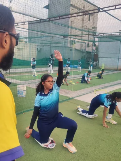 A coach's-eye view of a bowling drill for our girls' team. We provide close supervision to ensure every player develops the correct technique from the start.