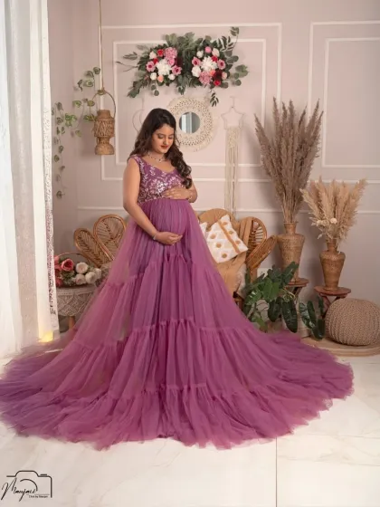 A beautiful solo portrait in a lavender gown, showcasing her serene glow and the elegant details of the dress.