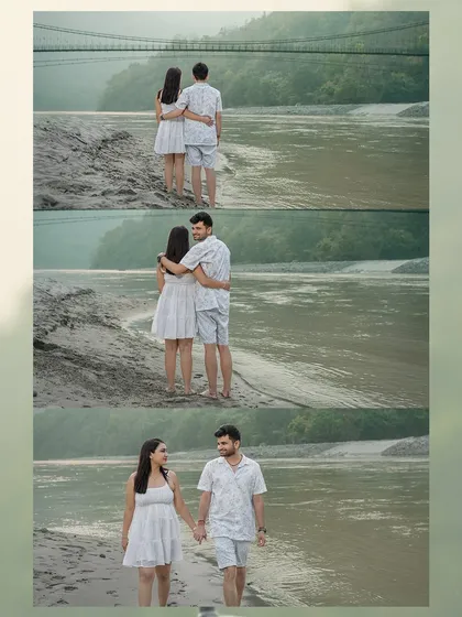 A collage capturing different angles of the couple's walk along the river. It shows their comfortable and easy chemistry as they enjoy the serene Rishikesh environment.