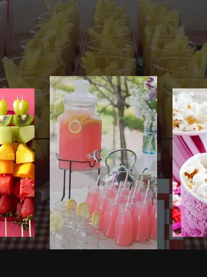 A collage showcasing our snack bar options for kids' parties. We can provide everything from healthy fruit skewers and fresh juices to classic treats like popcorn and pink lemonade.