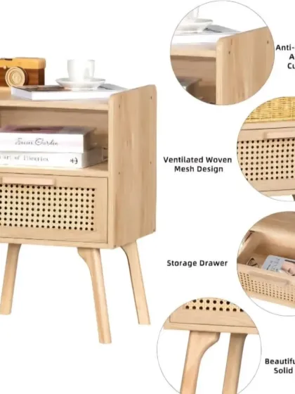 We focus on both beauty and function. This bedside table features a ventilated woven mesh drawer for practical storage, sturdy solid wood legs for stability, and an anti-drop baffle to keep your items secure.