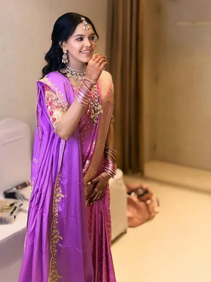 A full-length shot showing the complete look, including my expert saree draping service that ensures a perfect silhouette.
