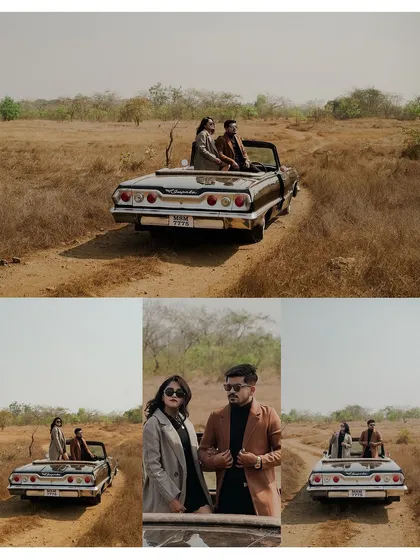 This collage shows the couple enjoying a drive through a rustic landscape in their vintage car. It captures the sense of adventure and freedom that comes with a destination shoot.