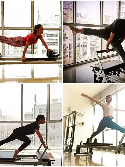 Pilates is the perfect solution for maintaining strength and vitality. This collage shows various exercises that contribute to a full-body workout.