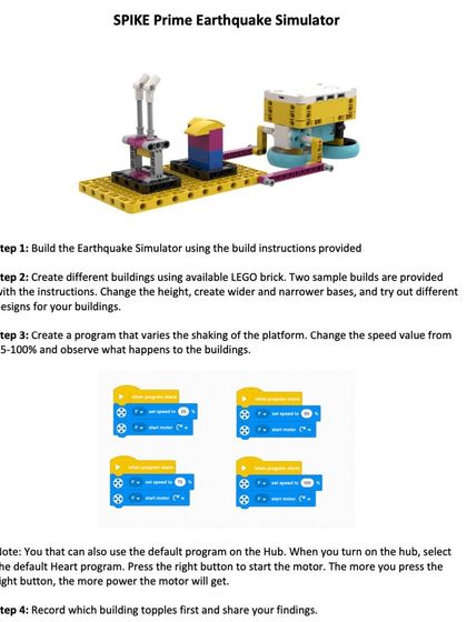 The detailed instruction sheet for the SPIKE Prime Earthquake Simulator. It guides students through building the simulator, creating different buildings, programming the shaking platform, and recording their findings.