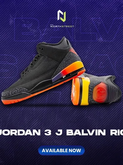 The Jordan 3 J Balvin 'Rio' is available now. This promotional graphic highlights the shoe's unique profile and vibrant colorway.