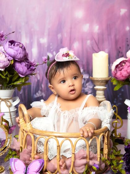 A slightly different angle of the lavender floral setup, showing the beautiful layers of props and textures.