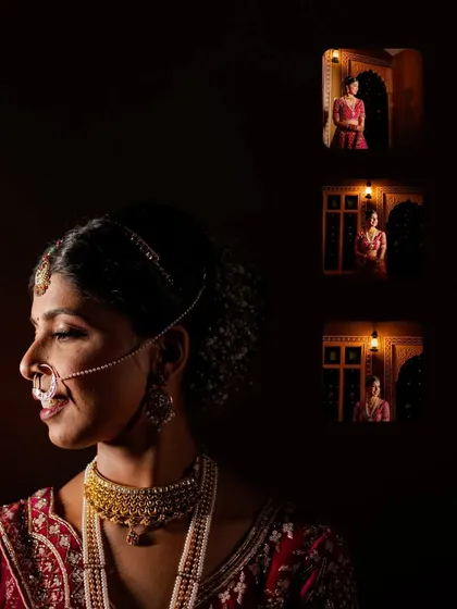 An artistic and creative bridal portrait of Divya in Jaipur. The collage effect, showing her in small windows, adds a unique and modern touch to a traditional look.