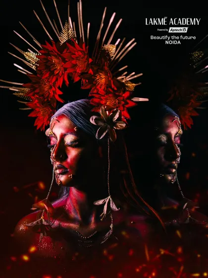 A hauntingly beautiful fantasy portrait. The double exposure effect and fiery embers create a powerful and artistic image, showing advanced creative concepts.