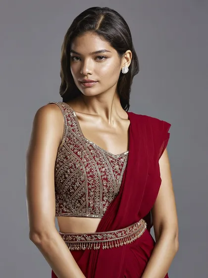 A close-up of the intricate zardozi and beadwork on the blouse of the maroon draped saree.