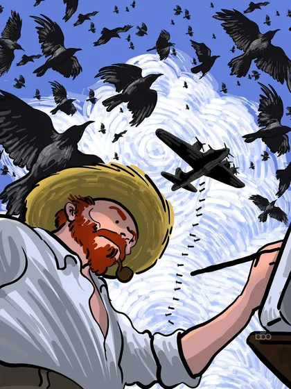 A visceral expression of my hatred for war. I depict Vincent painting as warplanes morph into crows in the sky, dropping bombs on the fields below. It is a piece about the defilement of nature and peace by human conflict.