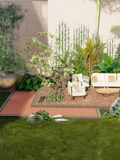 An overhead view of our backyard concept, showing a large lawn area perfect for family activities, and a separate patio with seating for relaxation and entertaining.