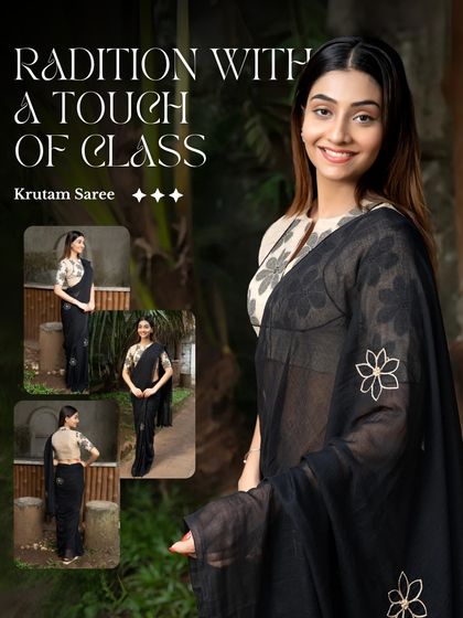 Saree, but make it class. The Krutam Saree set features a stunning black saree with delicate floral embroidery, paired with a modern printed blouse for a look of timeless tradition.