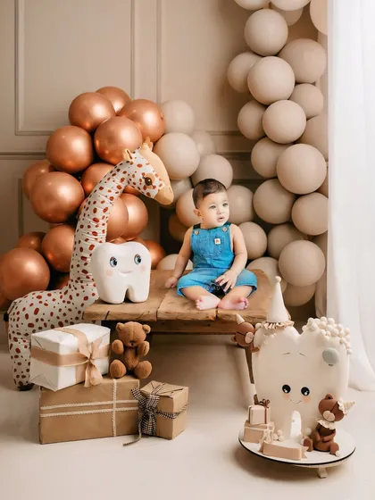 This tooth-themed first birthday setup is one of my most creative options. It's a fun and unique way to celebrate your little one's first year, complete with a tooth-shaped cake.