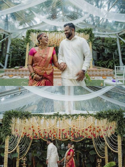 A collage of the couple under their stunning floral mandap, showcasing the grandeur of the hanging tuberose and marigold decor.