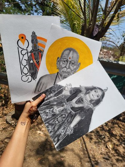 A collection of my work featuring three important figures of faith: Vitthal, Swami Samarth, and Radha Rani. Each piece is created with a unique combination of graphite, charcoal, and sometimes a pop of color.