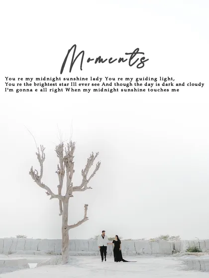 A minimalist and poetic shot, featuring the couple in a vast landscape with a lone tree, perfect for an artistic album page.