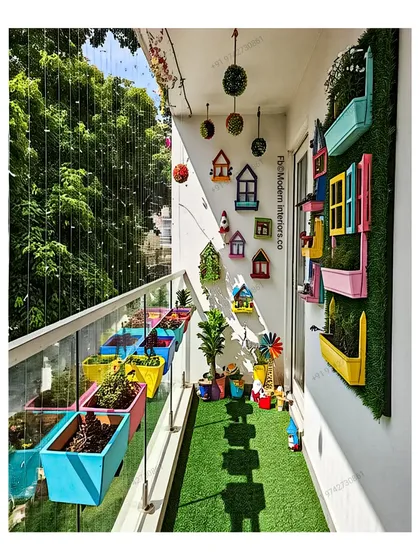 For clients who love a pop of personality, I design vibrant and playful spaces. This balcony uses a rainbow of colorful planters on the railing and wall, whimsical birdhouse decorations, and hanging moss balls to create a cheerful and energetic outdoor retreat.
