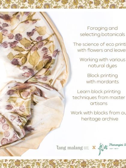 An announcement for our popular eco-printing and natural dyeing workshop. Participants learn to forage for botanicals and use them to create beautiful patterns on silk and cotton scarves in our serene studio environment.