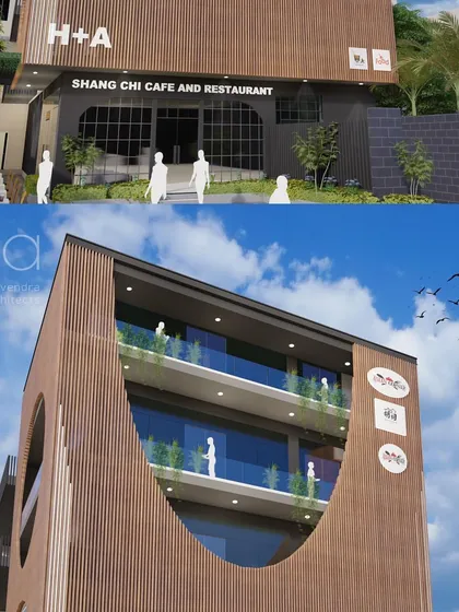 A detailed render of the Shang Chi Cafe's facade, showing both the ground-floor entrance and the signature curved cutout above. This design balances a welcoming street-level presence with a bold architectural statement on the upper floors.