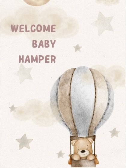 Our welcome baby hampers are designed around charming themes. This graphic highlights our popular hot air balloon and teddy bear motif, promising a gift that is both adorable and elegantly presented.