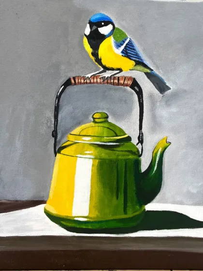 A vibrant acrylic painting of a bird on a kettle. This piece, created by a student, shows excellent control of color and detail.
