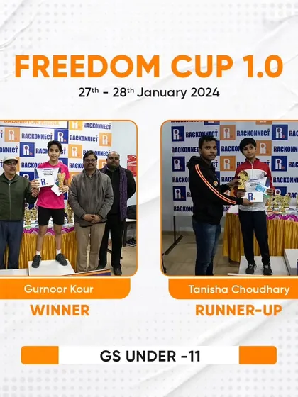 The podium finishers for the Girls Singles Under 11 category at the Freedom Cup 1.0. We foster a competitive yet supportive environment for the youngest of players.