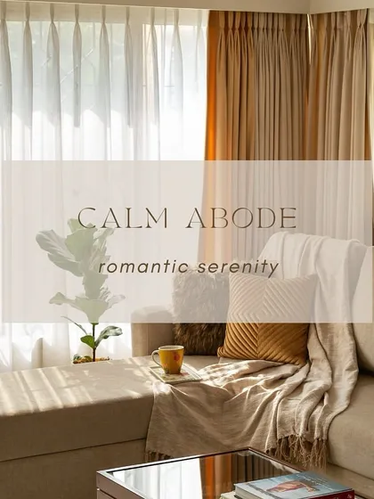 Sunlight streams through the sheer curtains, casting a warm glow on this cozy corner of the living room. This image captures the romantic serenity we aimed for, using soft fabrics and natural light.