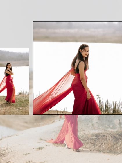 A collage focusing on the bride-to-be, her flowing red saree creating a beautiful, dynamic shape against the minimalist background.