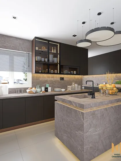 An upcoming kitchen project at Purva Smiling Willows, featuring a large island and countertops made from high-end imported granite.