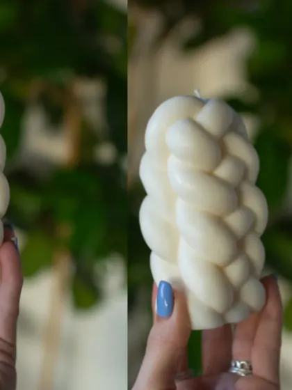 A side-by-side comparison of the knotted weave pillar candle.