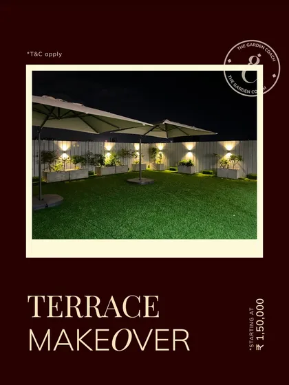 A full terrace makeover creates an invaluable asset for any home or office. This image showcases a completed project with large umbrellas, planters, and lighting, ready for any event.